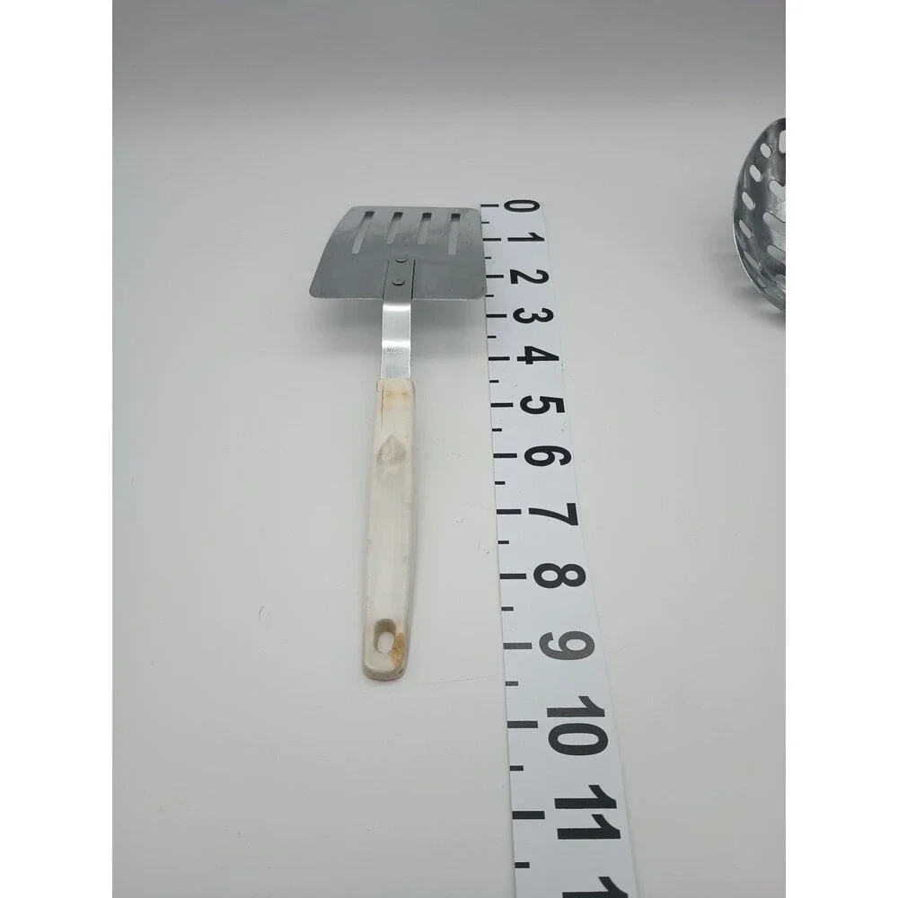 Vtg Stainless Steel Kitchen Utensils Short Spatula Slotted Spoon Blue Gold Crown
